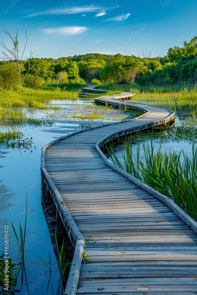A wooden boardwalk meanders through a vibrant wetland