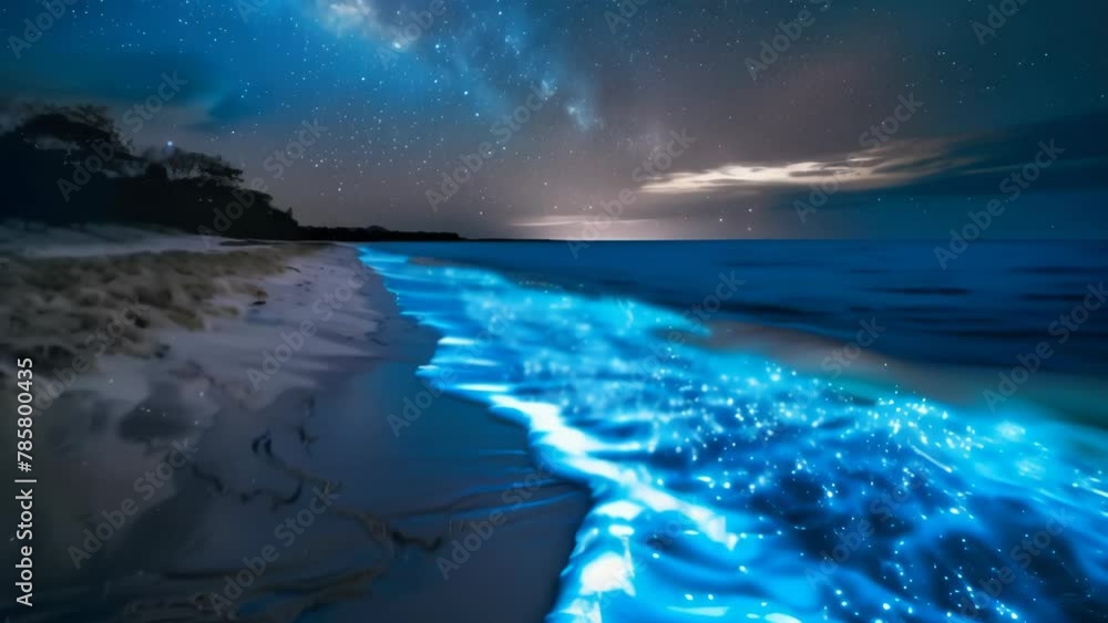 Mysterious blue glowing waves crashing on a dark sandy beach under a ...