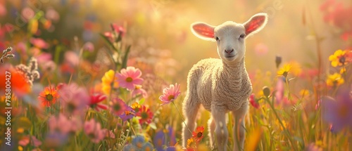 An adorable lamb stands amidst a colorful field of flowers basking in sunlight © Creative_Bringer