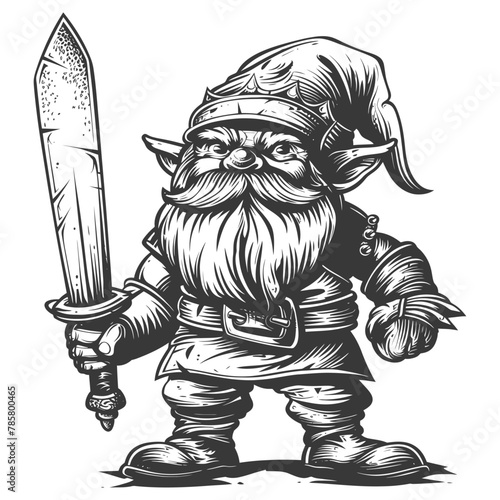 dwarf warrior with sword full body images using Old engraving style body black color only