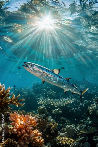 Barracuda among coral reef sun rays piercing water © Creative_Bringer