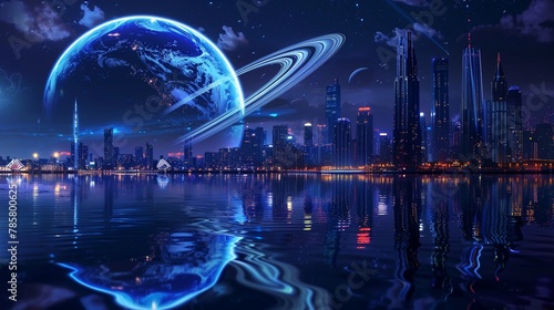 Night city with planetary rings water reflection photo
