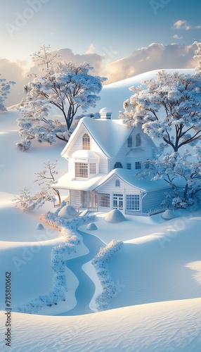 Snowclad model house, pristine landscape, dawns first light serenity photo