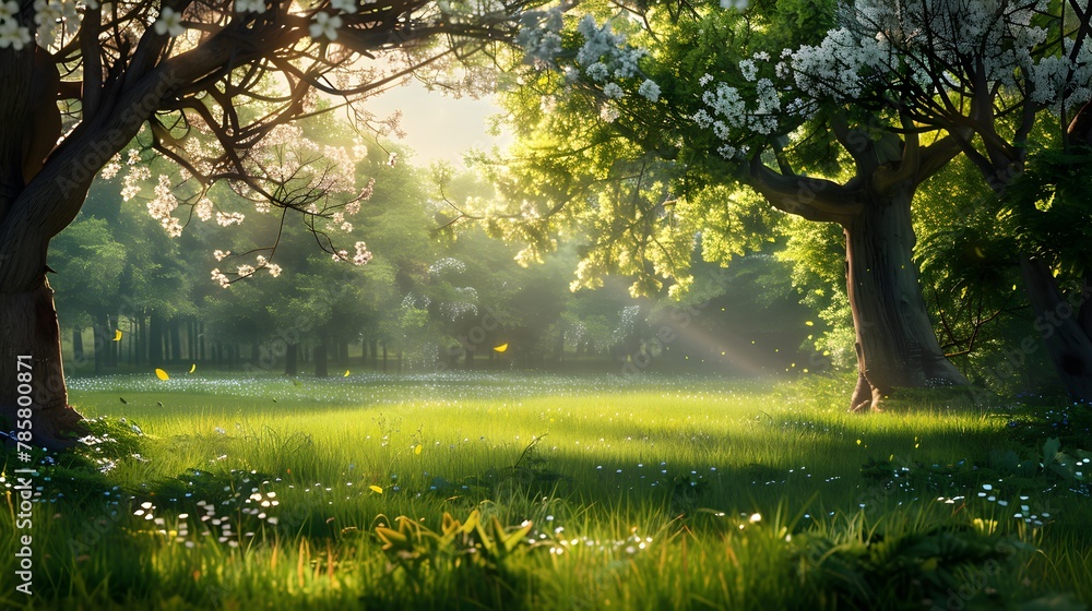 Fototapeta premium A serene forest scene with sunlight filtering through the trees, illuminating lush green foliage and a peaceful meadow