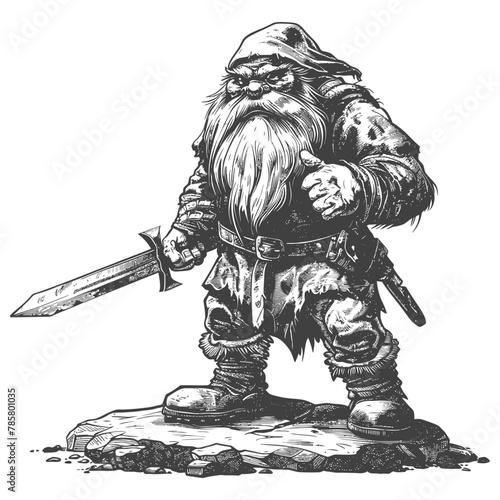 dwarf warrior with sword full body images using Old engraving style body black color only