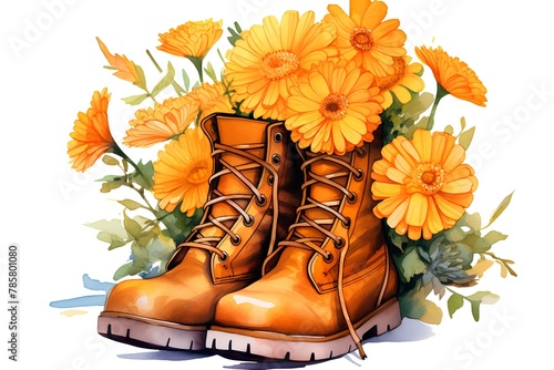 Beautiful vector image with nice watercolor illustration of boots and flowers photo