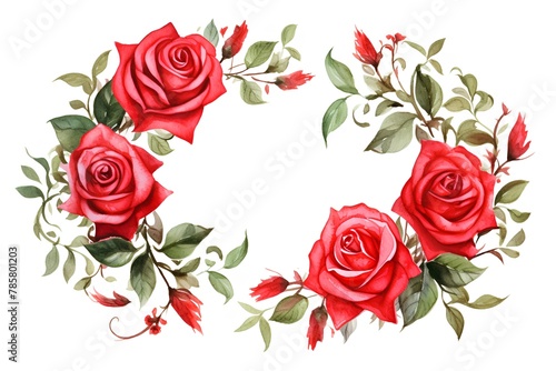 Watercolor red roses wreath. Hand painted floral illustration on white background