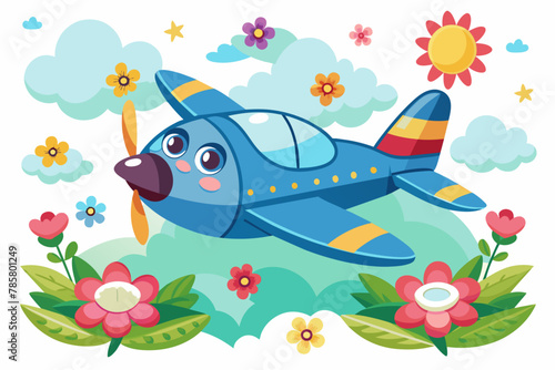 Charming cartoon aircraft soaring through the sky adorned with vibrant flowers.