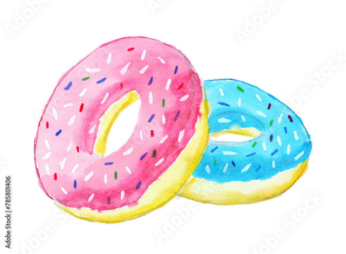 Two pink and blue donuts on white background