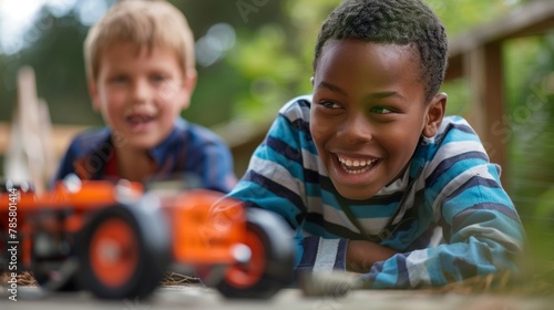 A boy smiles proudly as he successfully powers a toy car using a biofuel battery while his friend watches with interest and admiration. . photo