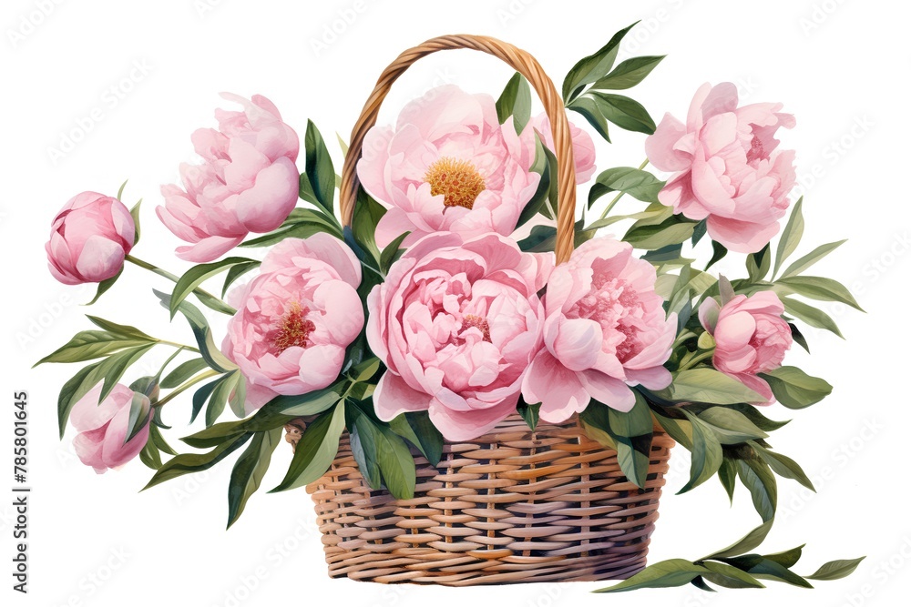 Basket with pink peonies isolated on white background. Watercolor illustration