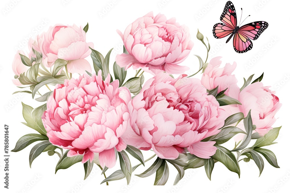 Peony flowers with leaves and butterfly, watercolor illustration on white background