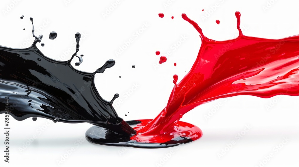 A vivid red liquid collides with a deep black liquid, creating a dramatic and mesmerizing splash in the background paint. A vivid red liquid collides with a deep black liquid, creating a dramatic and mesmerizing splash in the background paint.