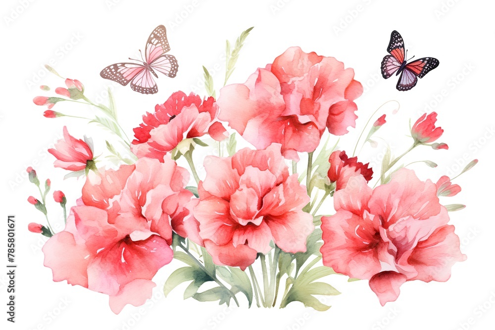 Beautiful vector image with nice watercolor peony flowers and butterfly