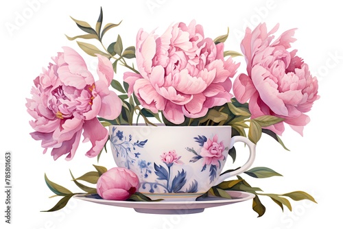 Beautiful vector image with nice watercolor porcelain tea cup and peonies