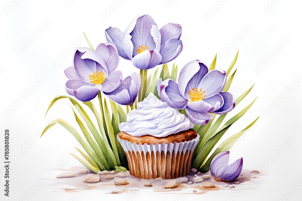 Cupcake with crocus flowers on the white background. Vector illustration.