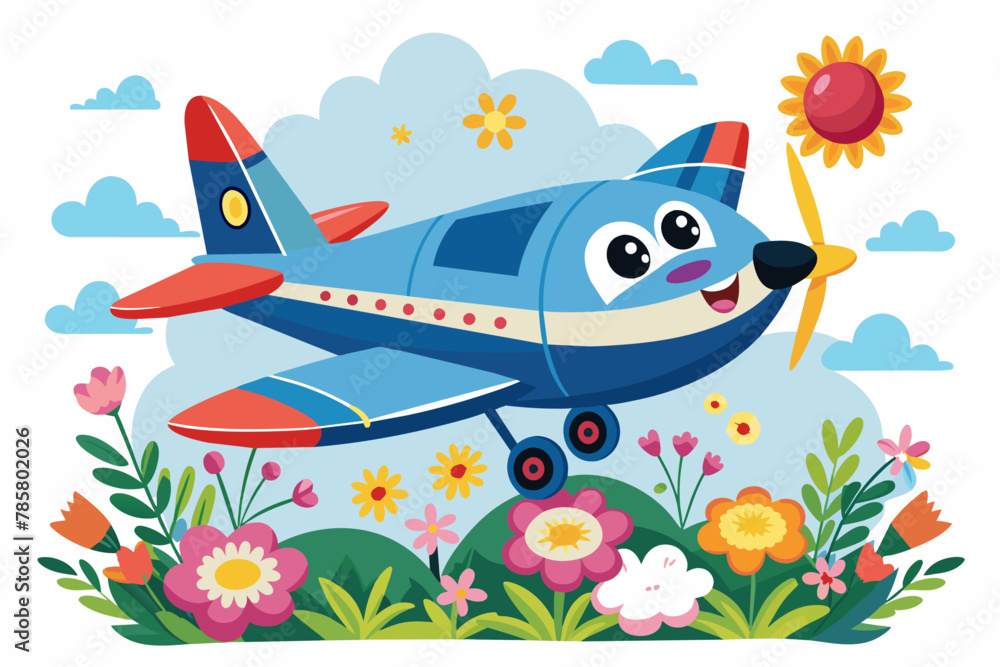 Fototapeta premium A charming cartoon airplane soars through a blue sky adorned with whimsical flowers.