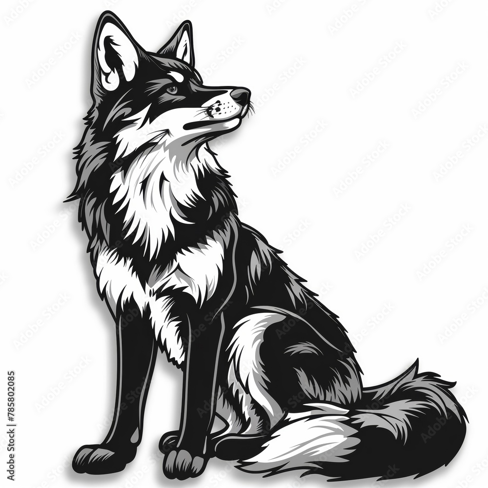 Obraz premium A detailed black and white sketch of a fox sitting and looking up