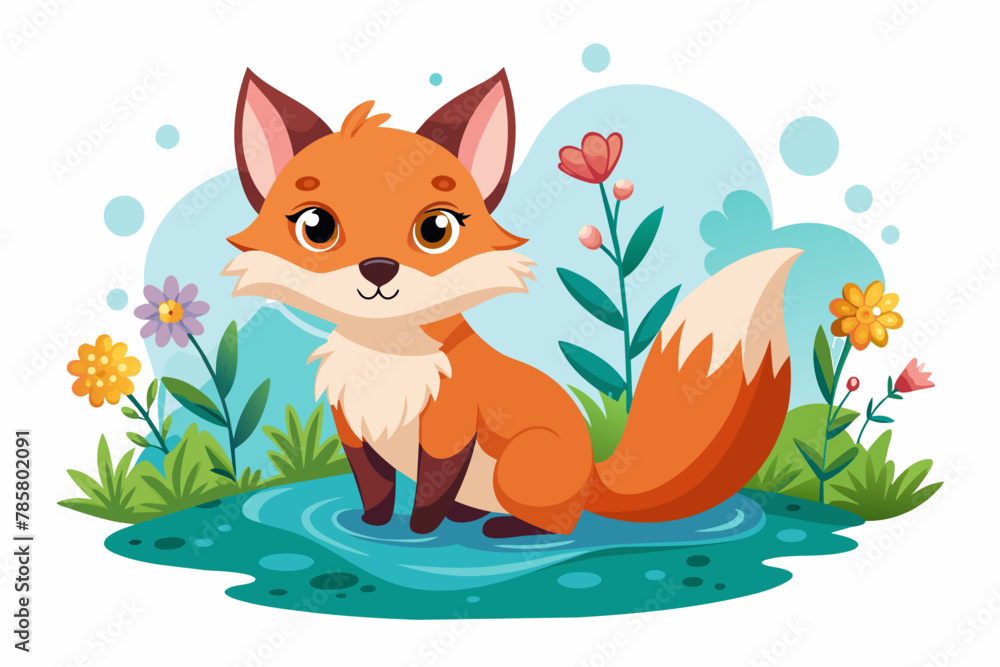 Charming cartoon fox with flowers on a white background. Charming cartoon fox with flowers on a white background.