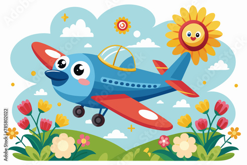 Charming cartoon airplane soaring through the sky adorned with blooming flowers.