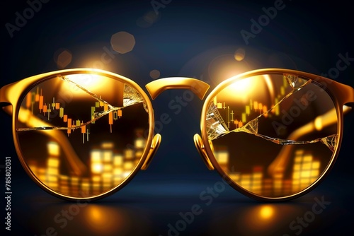 Golden eyeglasses with cracked lenses, reflecting a falling stock chart, Depicting the failure to foresee financial disaster photo