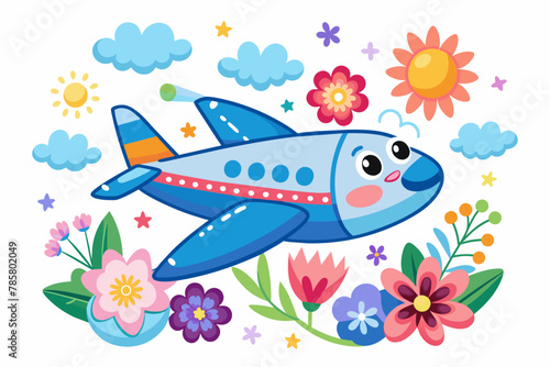 Charming cartoon airplane soaring through the sky adorned with blooming flowers.
