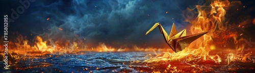 Golden origami crane falling into a fire, Symbolizing lost hope and misfortune in financial endeavors photo