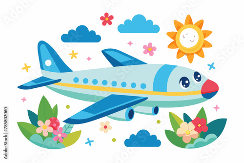 Charming cartoon airplane flies through a blue sky adorned with whimsical flowers.