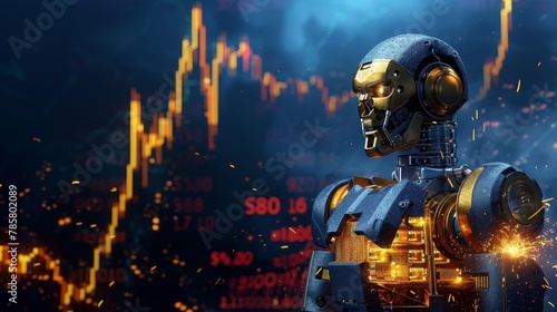 Robot with sparking golden circuits malfunctioning, surrounded by a falling stock chart, Depicting the potential for technology to exacerbate financial losses photo
