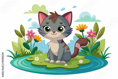 Charming cartoon cat surrounded by colorful flowers.