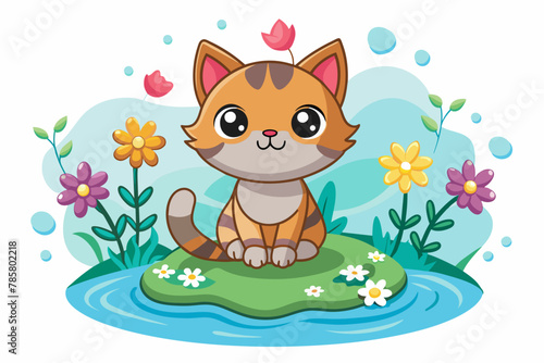 Charming cartoon cat surrounded by colorful flowers.