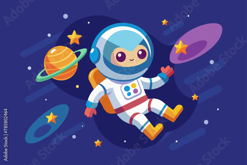 Charming astronaut floating in space on a white background.