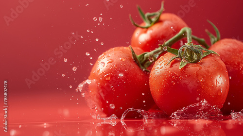 Fresh tomatoes on a vine splashing into water against a red background.  © krit