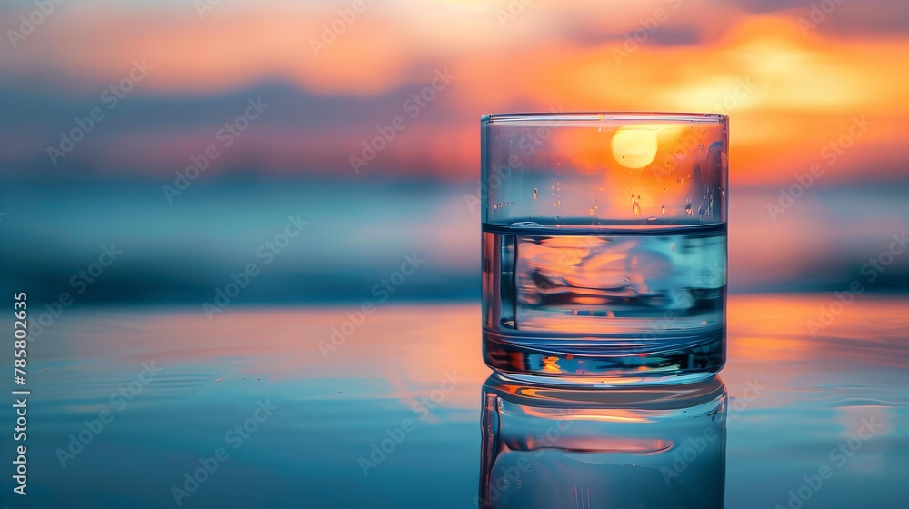 Glass of water on the table with ice cubes, condensation, and a stunning sunset in the background - obrazy, fototapety, plakaty 