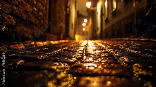 Enchanting cobblestone alleyway in the rain, softly lit by streetlights at night.