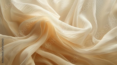 Billowing sheer beige fabric with a silky sheen, creating a soft and elegant background or overlay.