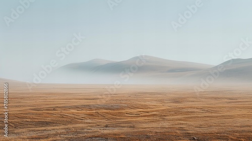 Scenic View of Rolling Hills and Misty Mountains Across a Wide Grassy Plain