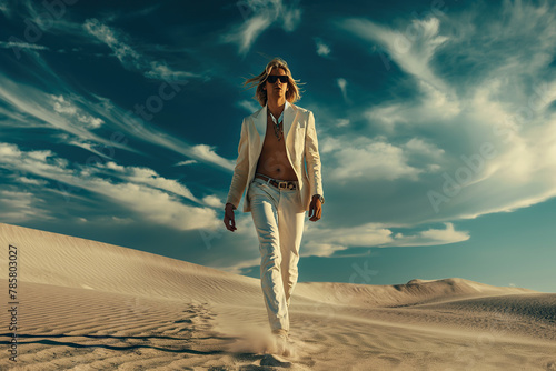 High fashion concept. Full length portrait of fashionable male model with long blond hair walking in luxurious clothing among sands under the blue sky. Luxury brands campaign style