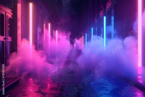 dark street with neon lights and smoke abstract background for product display 3d render