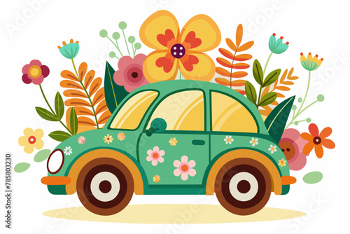 Automotive cartoon car with charming flowers on a white background.