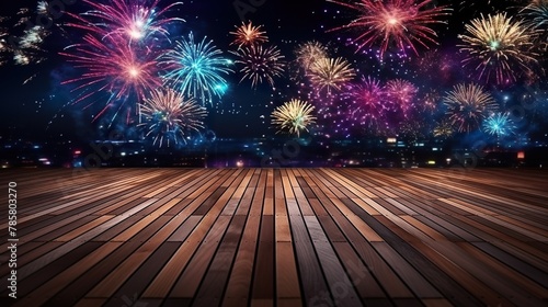 Wood floor empty with fireworks background