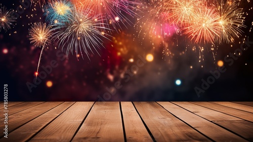 Wood floor empty with fireworks background