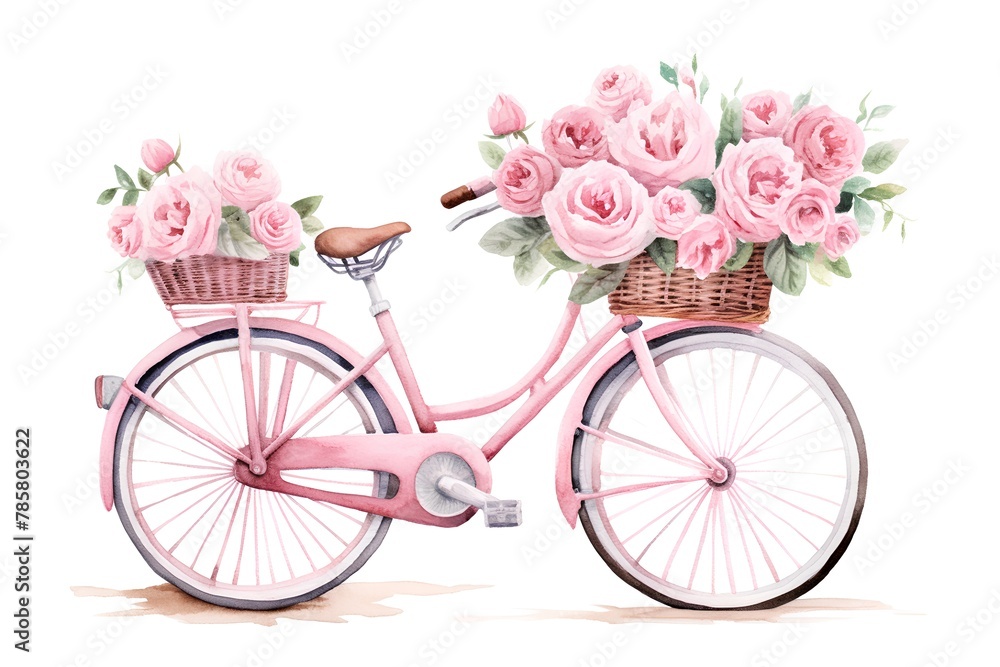 Bicycle with pink roses. Watercolor illustration isolated on white background