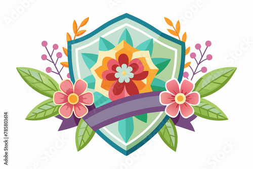 Charming badge adorned with vibrant flowers against a pristine white backdrop.