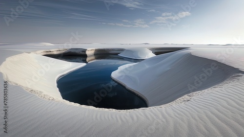 Crater of water lake in the middle of white desert landscape