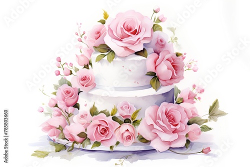 Wedding cake with pink roses, watercolor illustration on white background photo