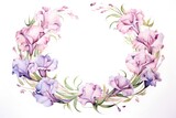 Watercolor floral wreath with iris flowers, hand painted isolated on white background