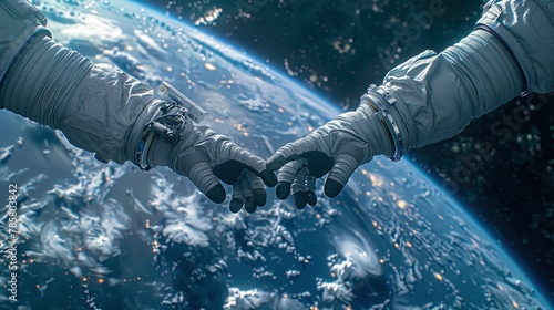 Two astronaut holding hands in space overlooking earth