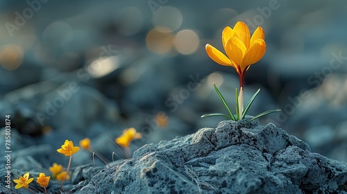 A yellow crocus flower blooming on a rock
