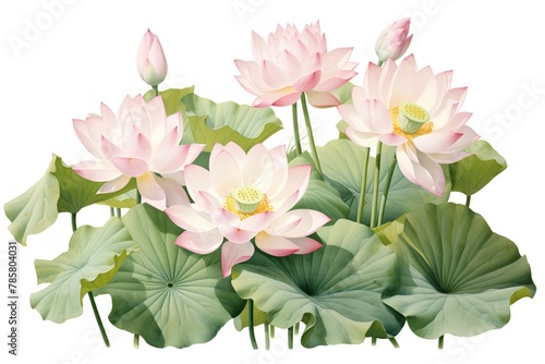 Lotus flowers and leaves isolated on white background. Vector illustration.